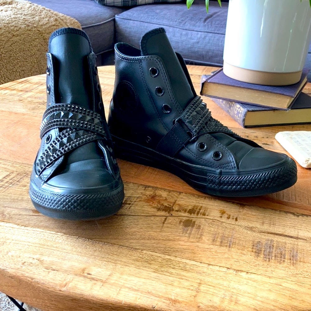 Black leather studded converse